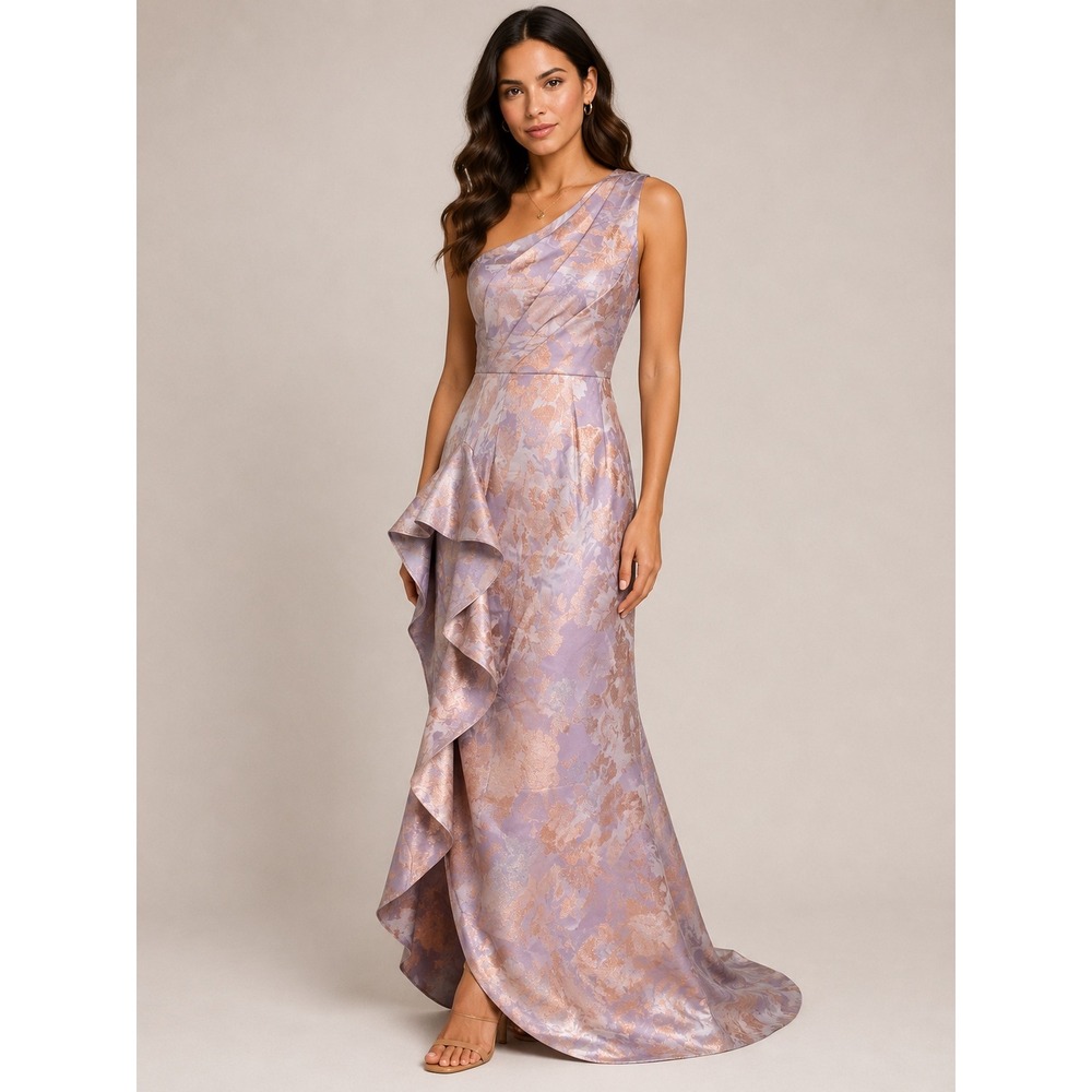 Adrianna Papell Lavender Metallic Floral Jacquard One Shoulder Gown AP1E209334 6